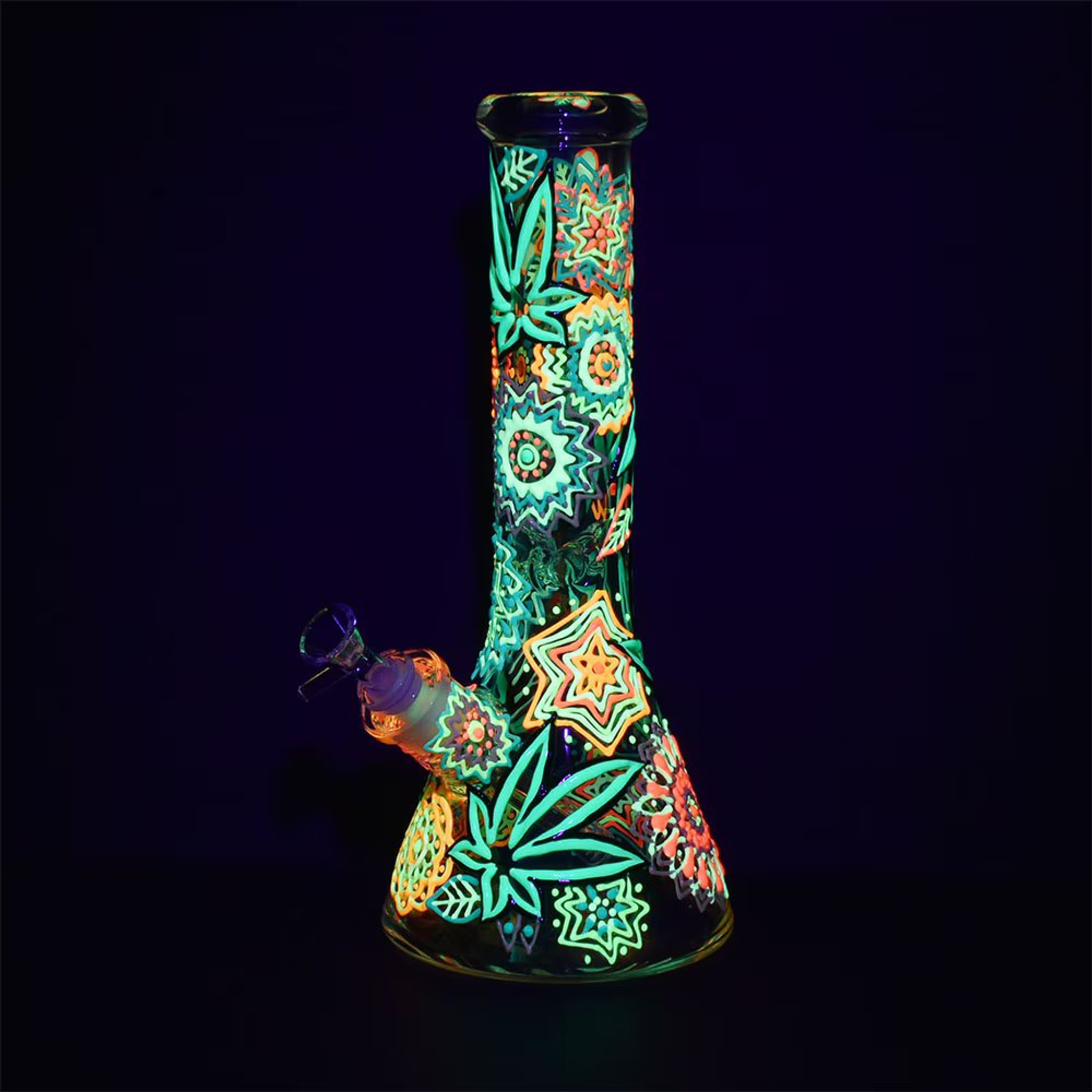 Mandala Hemp Leaf Beaker Water Pipe - 12.75"/14mm F